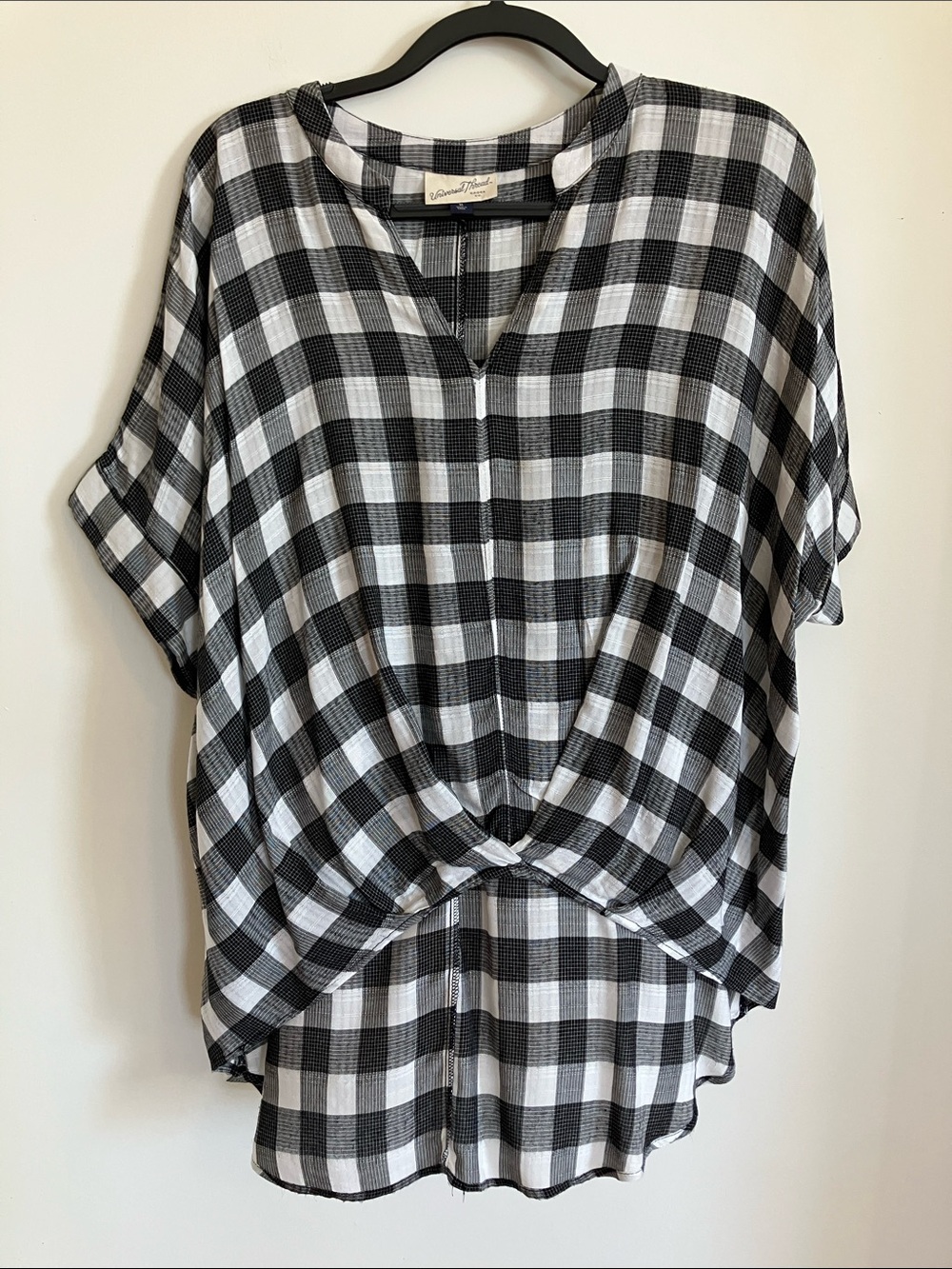Universal Thread Black and White Plaid Twist-Front Tunic